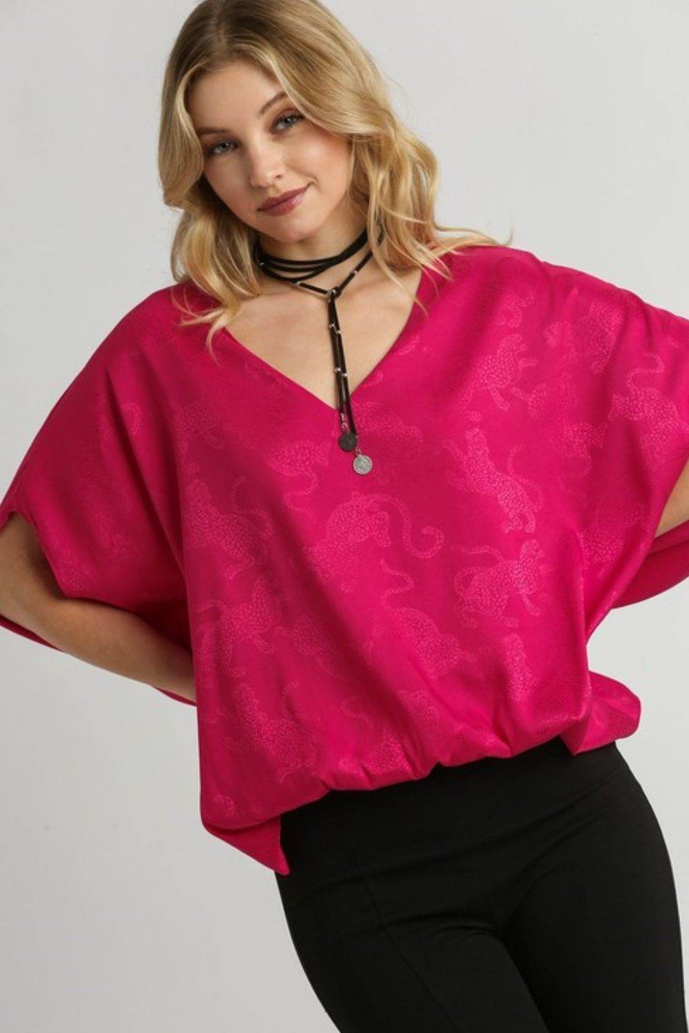 Umgee Full Size Satin Animal Print Jacquard Top Plus Size - Hovatok