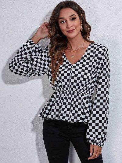 Checkered V-Neck Balloon Sleeve Peplum Blouse - Hovatok