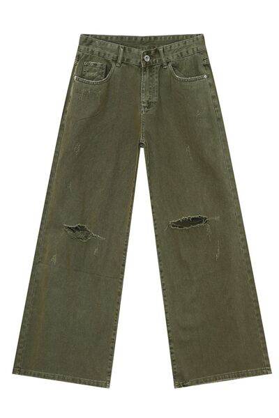 Distressed Wide Leg Jeans with Pockets - Hovatok