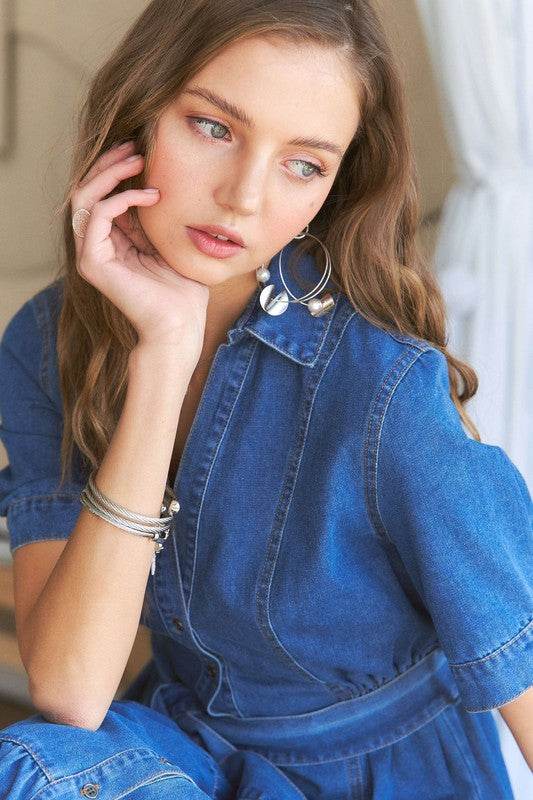 ADORA Tiered Button Down Tie Waist Short Sleeve Denim Dress - Hovatok