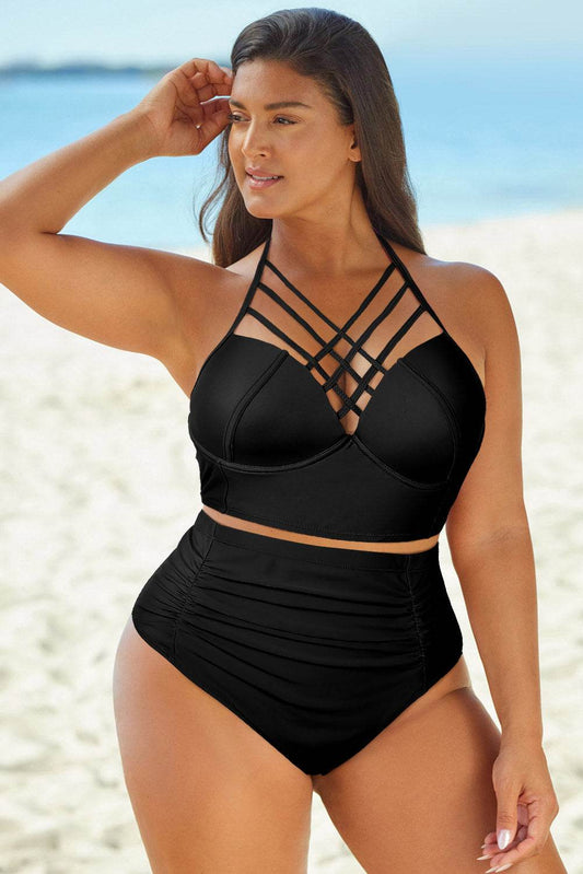 Full Size Halter Neck Crisscross Ruched Two-Piece Swimsuit - Hovatok