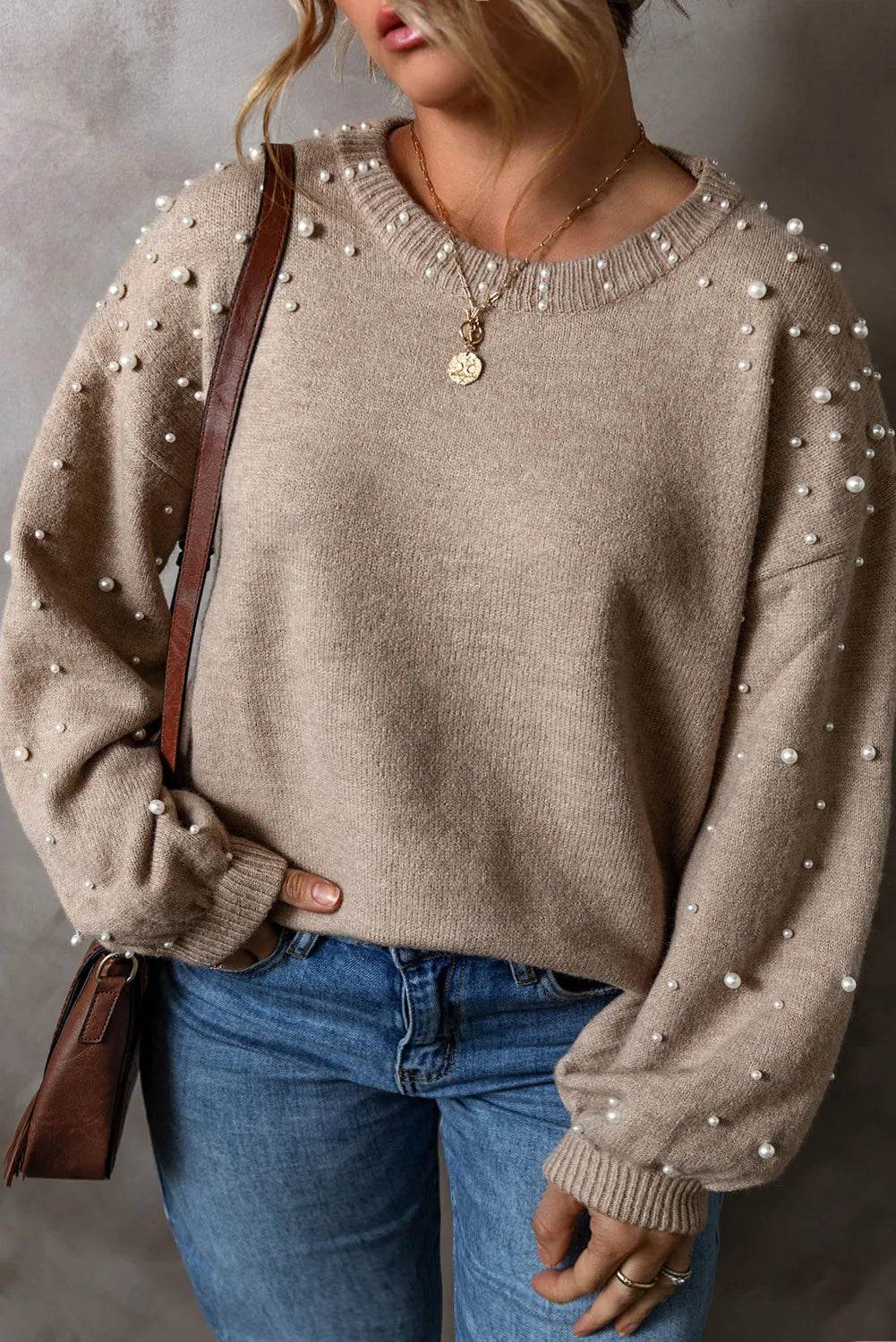 Plus Size Pearl Detail Round Neck Long Sleeve Sweater - Hovatok