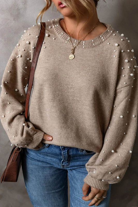 Plus Size Pearl Detail Round Neck Long Sleeve Sweater - Hovatok