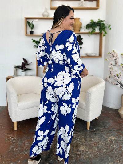 Double Take Full Size Printed Tie Back Wide Leg Jumpsuit - Hovatok