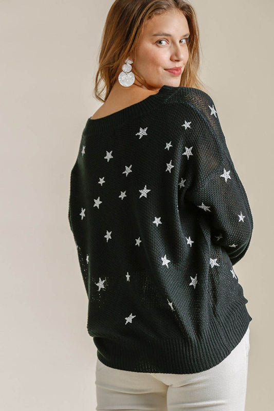 Umgee Full Size Star V-Neck Long Sleeve Sweater Plus Size - Hovatok