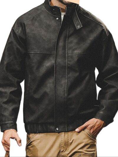 Men's Plus Size Zip Up Stand Collar Biker Jacket - Hovatok