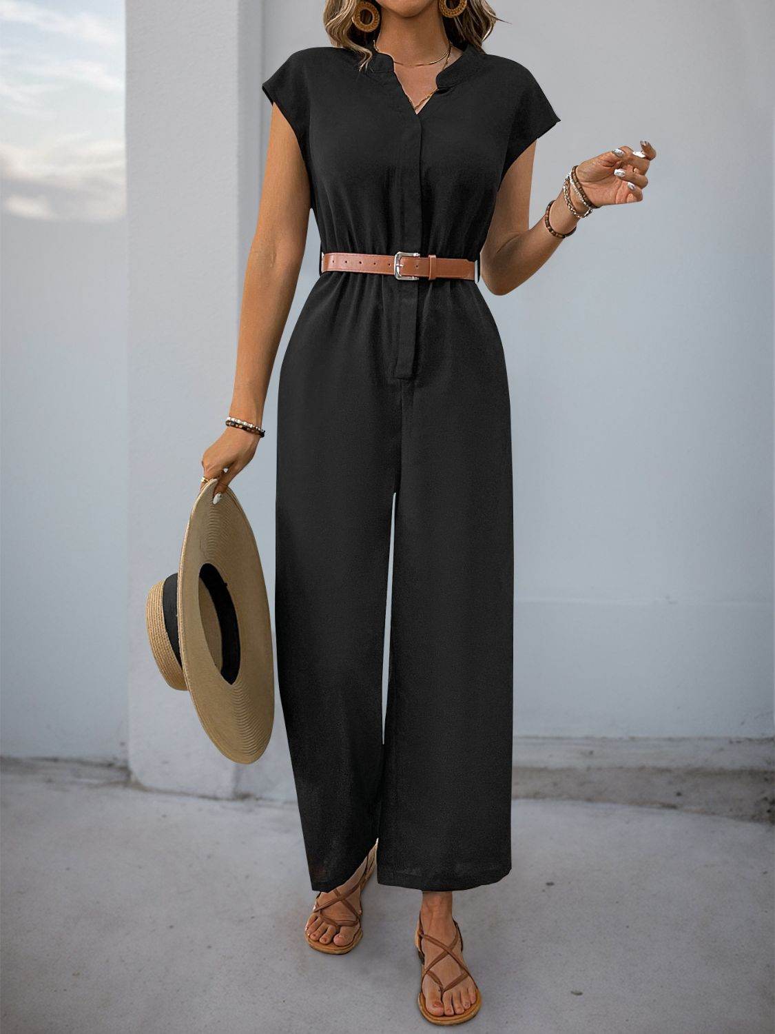 Perfee Notched Wide Leg Jumpsuit - Hovatok