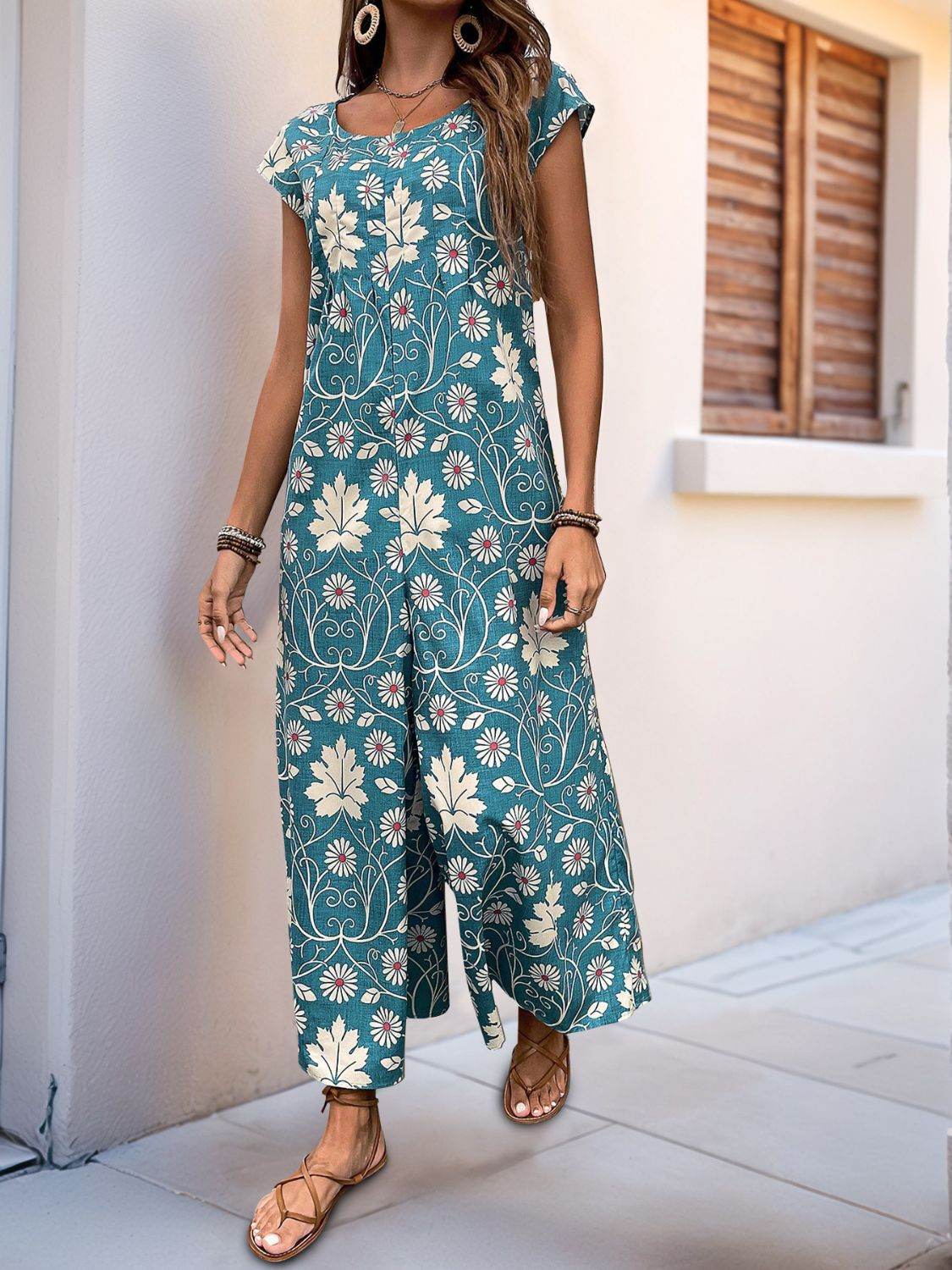 Perfee Printed Round Neck Cap Sleeve Wide Leg Jumpsuit - Hovatok