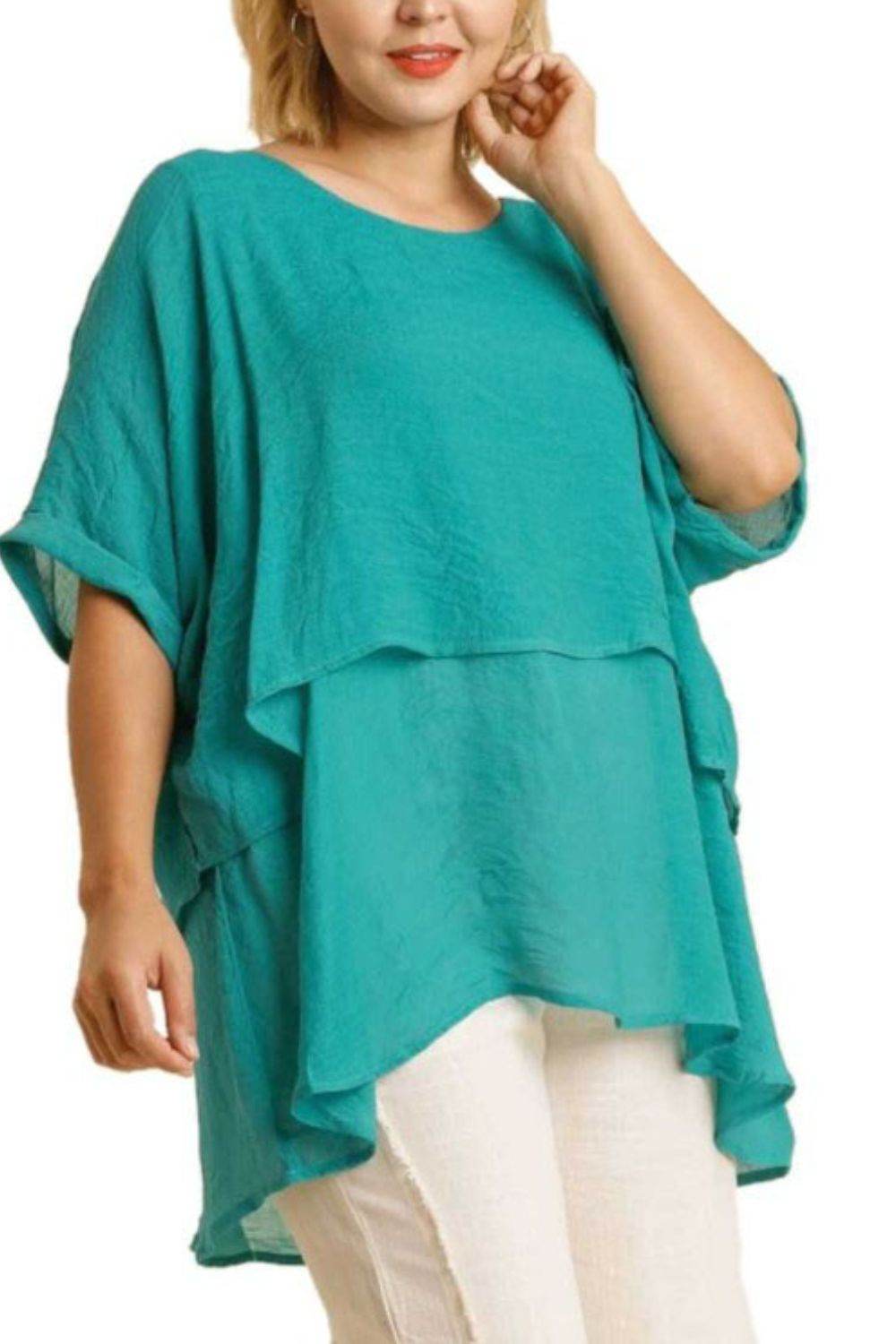 Umgee Full Size Cuffed Half Sleeve Layered Top Plus Size - Hovatok