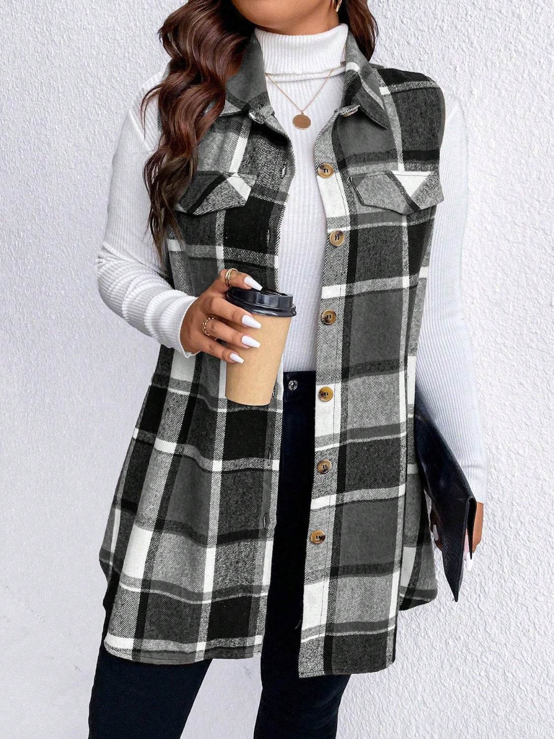 Honey Plus Size Pocketed Plaid Button Up Vest Coat - Hovatok