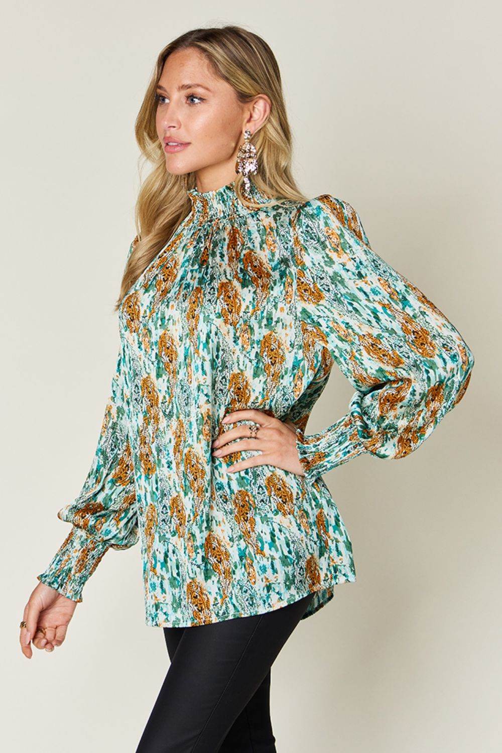 Double Take Full Size Printed Smocked Long Sleeve Blouse - Hovatok
