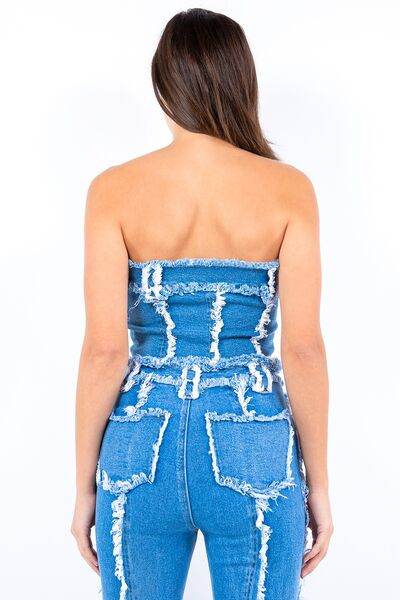 American Bazi Frayed Edge Denim Corset Top - Hovatok