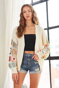 ADORA Full Size Contrast Crochet Open Front Long Sleeve Cardigan - Hovatok