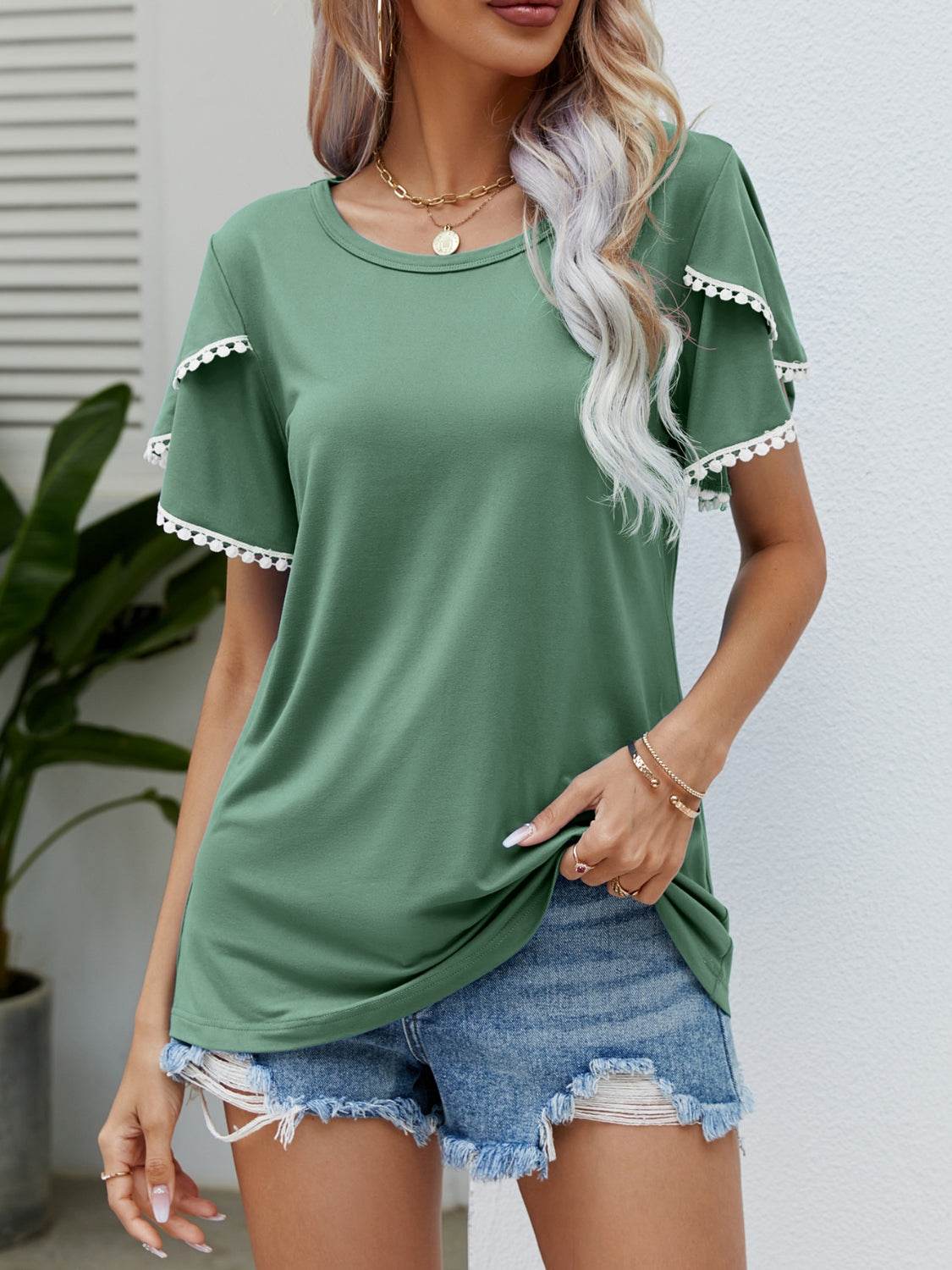 Pom-Pom Trim Flutter Sleeve Round Neck T-Shirt - Hovatok