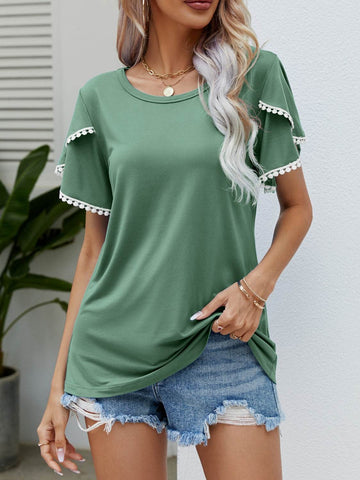 Pom-Pom Trim Flutter Sleeve Round Neck T-Shirt - Hovatok