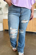 Judy Blue Full Size Distressed Raw Hem Bootcut Jeans - Hovatok