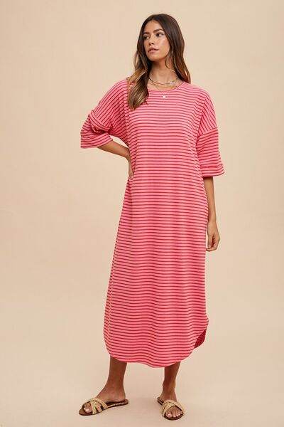 Annie Wear Striped Round Neck Terry Midi Dress - Hovatok