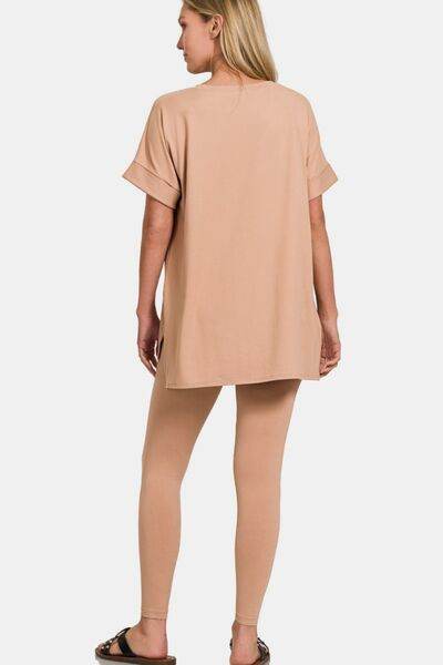 Zenana Full Size V-Neck Rolled Short Sleeve T-Shirt and Leggings Lounge Set - Hovatok
