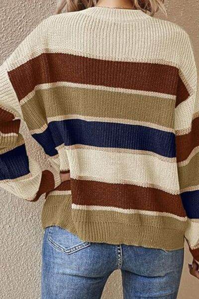 Contrast Striped Round Neck Long Sleeve Sweater - Hovatok