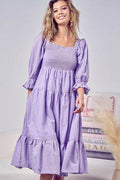 BiBi Swiss Dot Flounce Sleeve Smocked Tiered Midi Dress - Hovatok