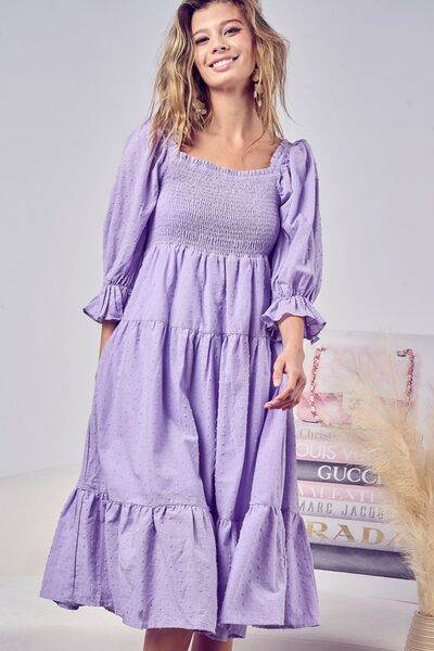 BiBi Swiss Dot Flounce Sleeve Smocked Tiered Midi Dress - Hovatok