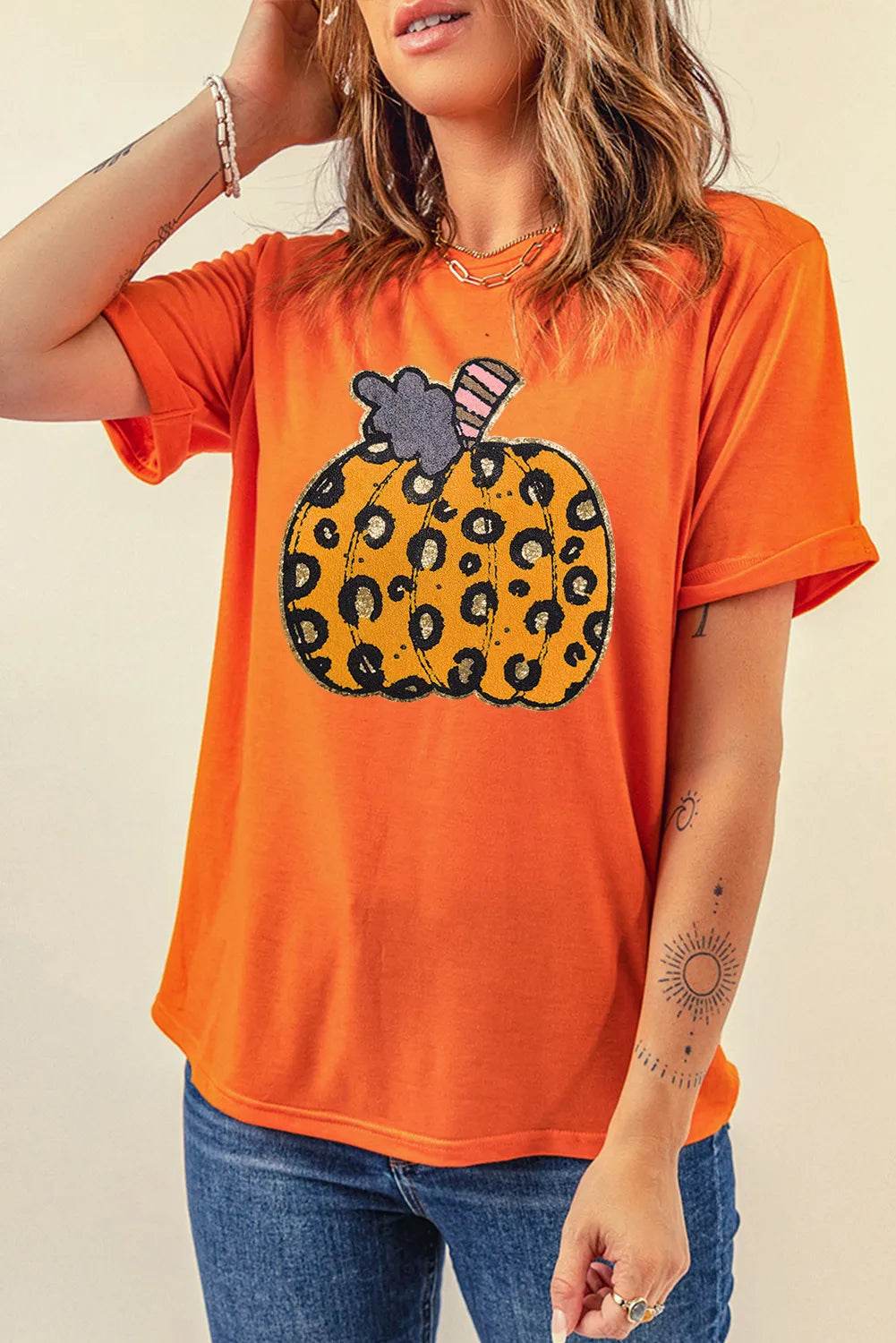 Pumpkin Round Neck Short Sleeve T-Shirt - Hovatok