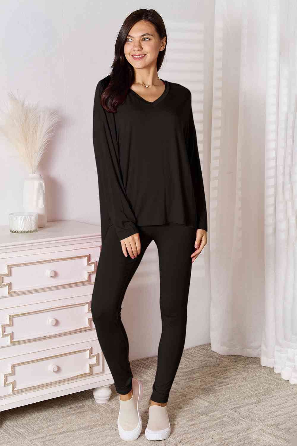 Basic Bae Full Size V-Neck Soft Rayon Long Sleeve Top and Pants Lounge Set - Hovatok