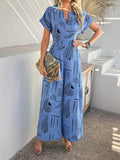 Devine Printed Notched Short Sleeve Wide Leg Jumpsuit - Hovatok