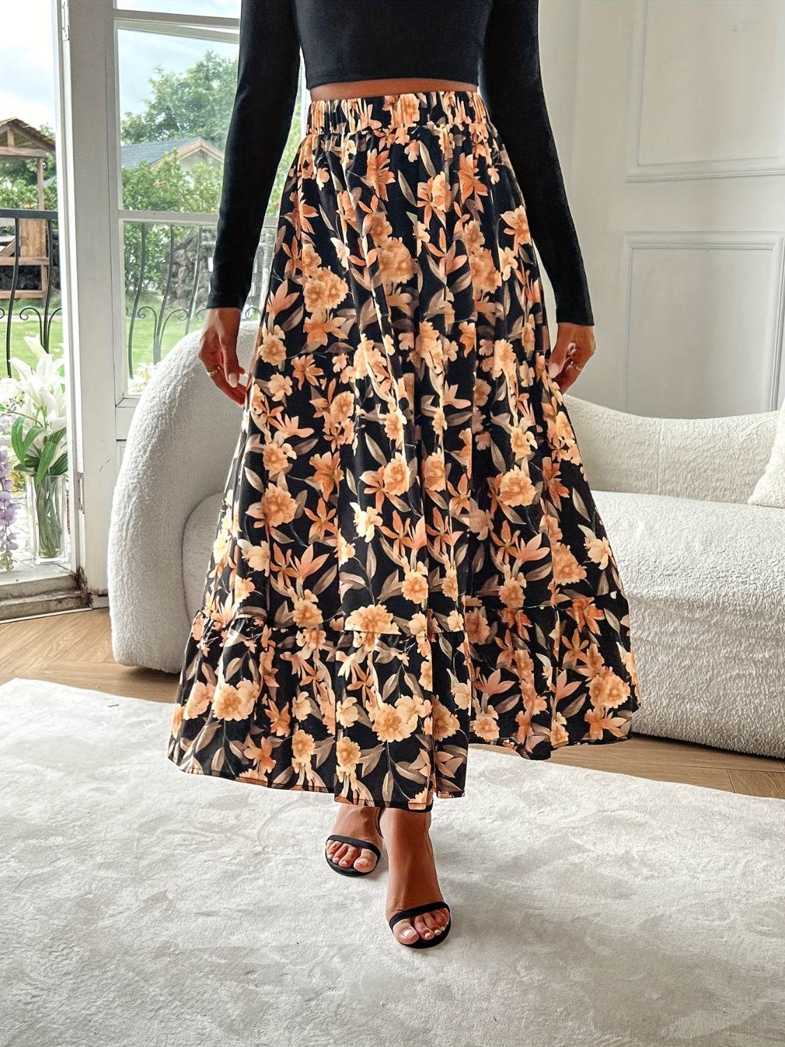Floral Elastic Waist Midi Skirt - Hovatok