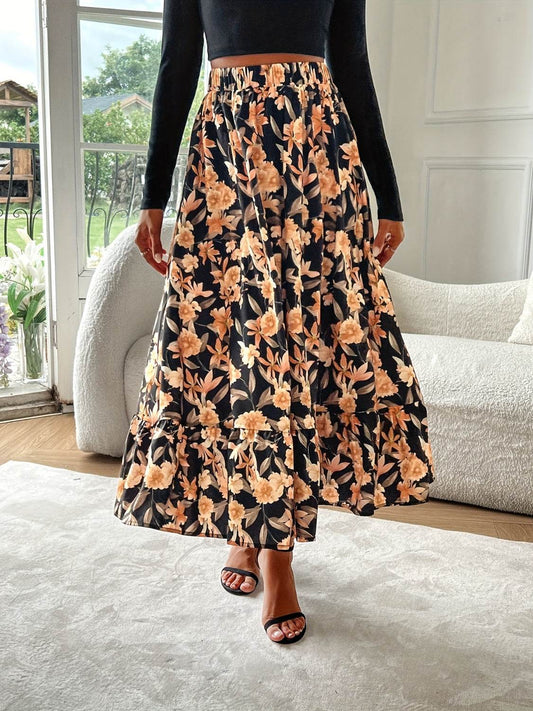 Floral Elastic Waist Midi Skirt - Hovatok