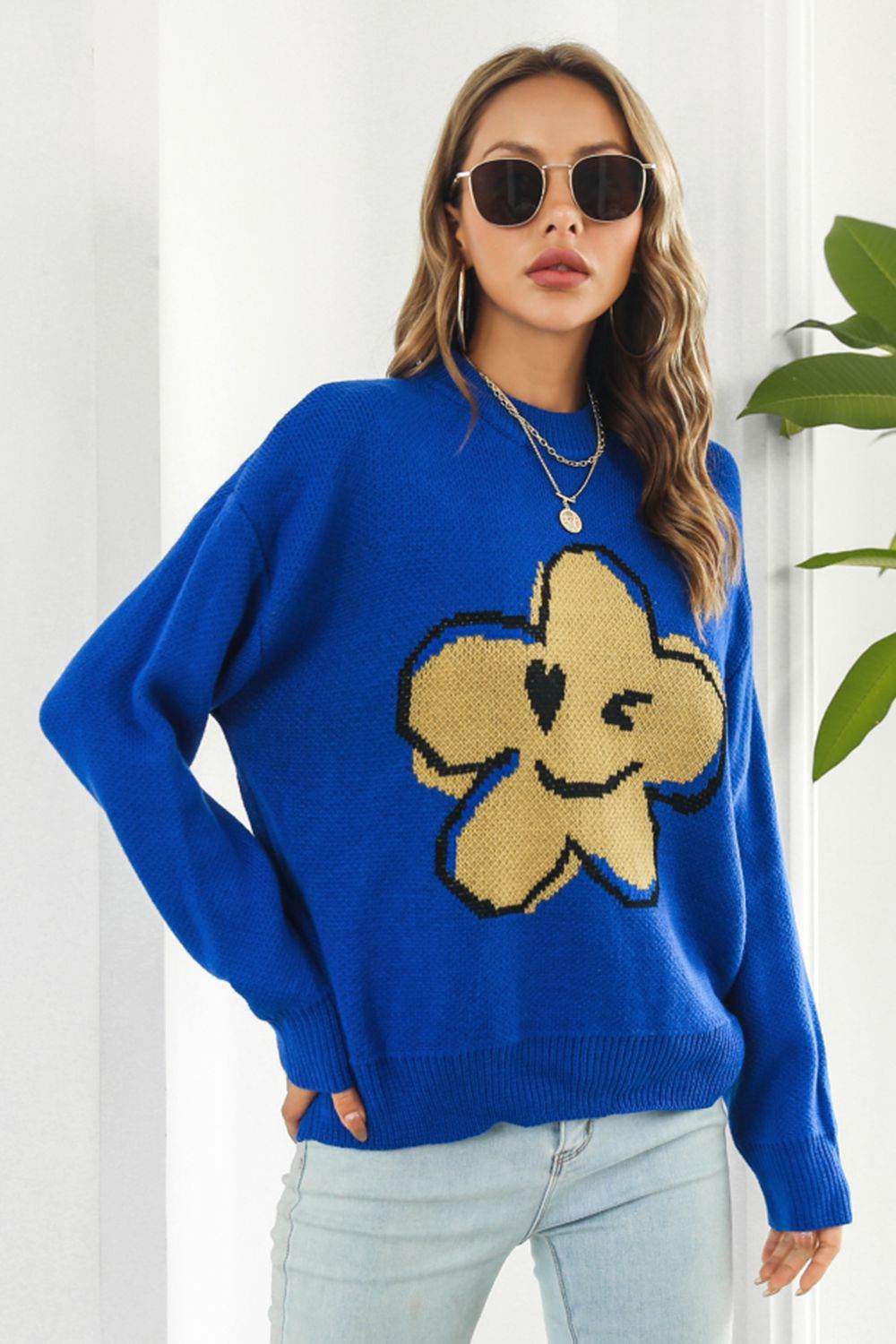 Flower Graphic Drop Shoulder Sweater - Hovatok