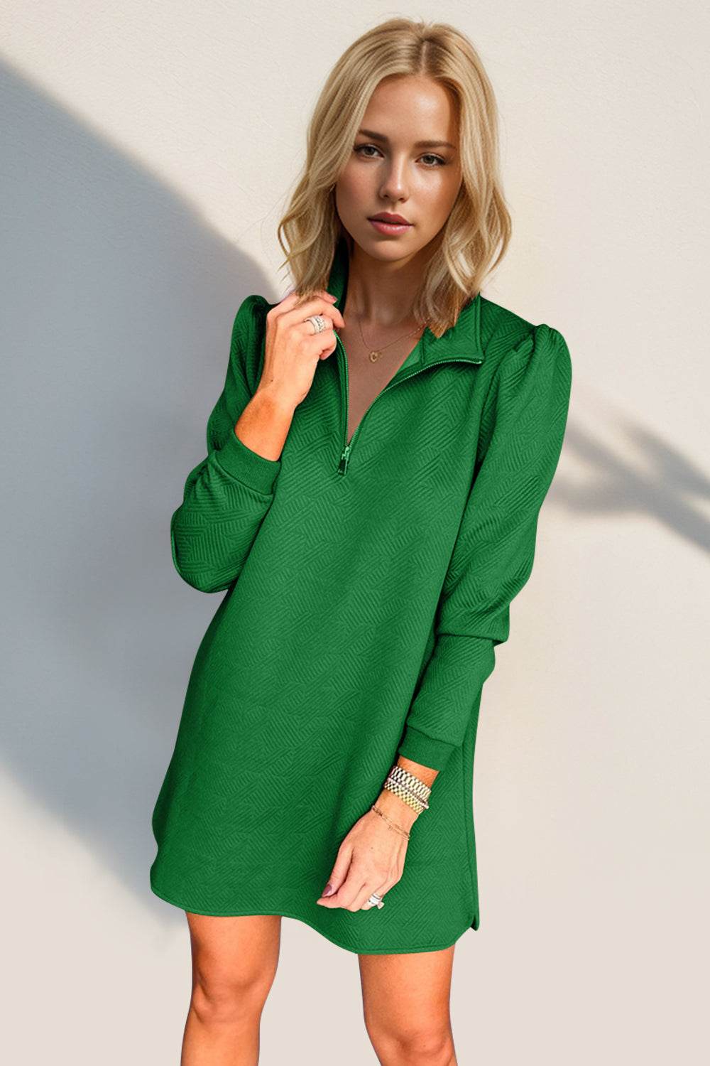 Double Take Textured Quarter Zip Long Sleeve Dress - Hovatok