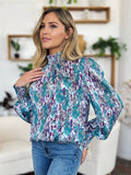 Double Take Full Size Printed Smocked Long Sleeve Blouse - Hovatok
