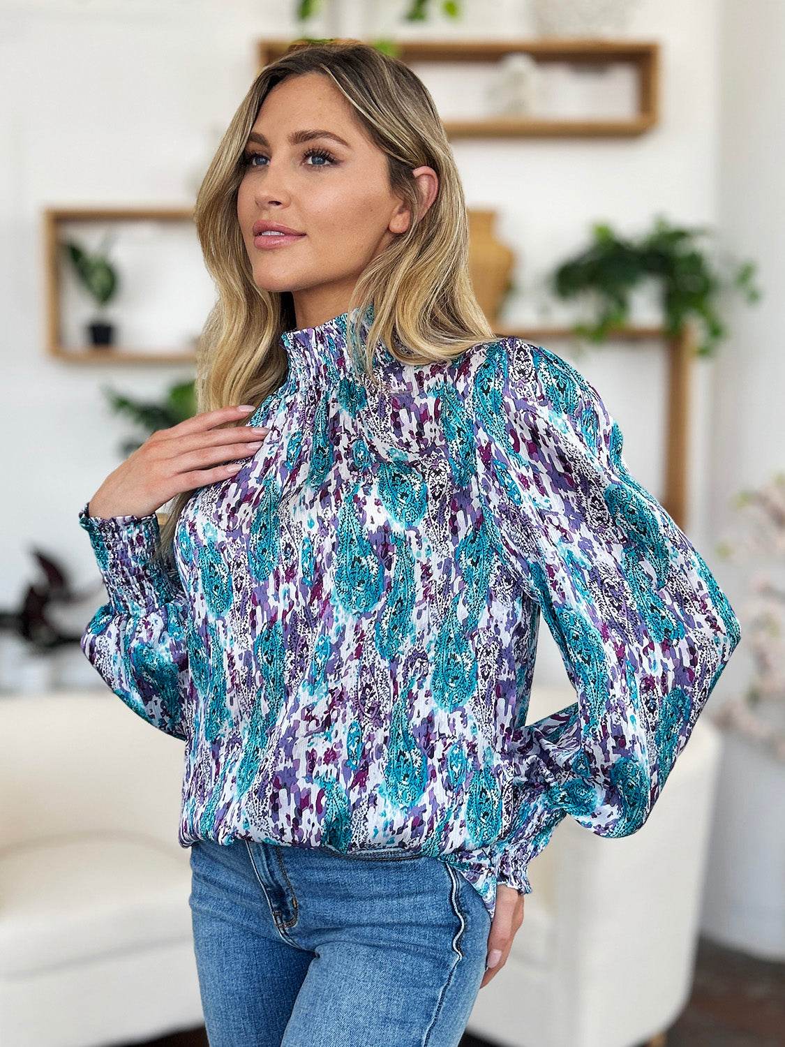 Double Take Full Size Printed Smocked Long Sleeve Blouse - Hovatok