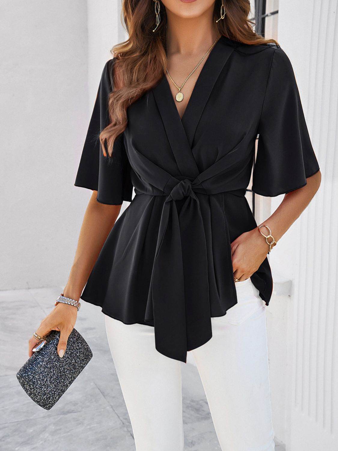 Devine Tied Front Peplum Blouse - Hovatok