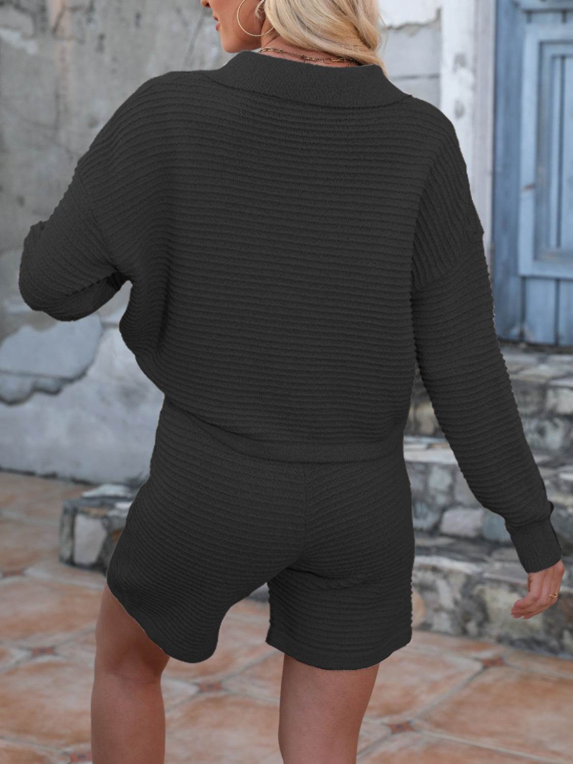 Johnny Collar Long Sleeve Top and Shorts Sweater Set - Hovatok