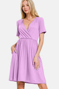 Zenana Surplice Short Sleeve Brushed DTY Dress - Hovatok