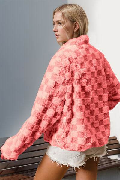 Double Take Checkered Long Sleeve Fuzzy Jacket - Hovatok