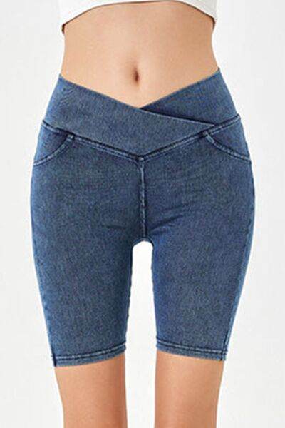 Basic Bae Asymmetrical Waist Denim Shorts with Pockets - Hovatok