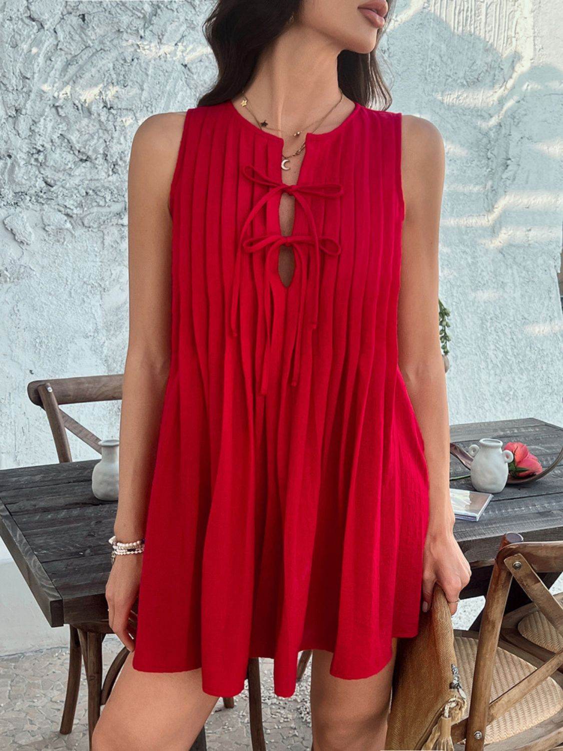 Devine Pleated Sleeveless Mini Dress - Hovatok