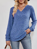 V-Neck Ribbed Long Sleeve Top - Hovatok