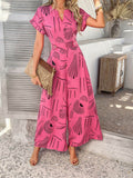 Devine Printed Notched Short Sleeve Wide Leg Jumpsuit - Hovatok