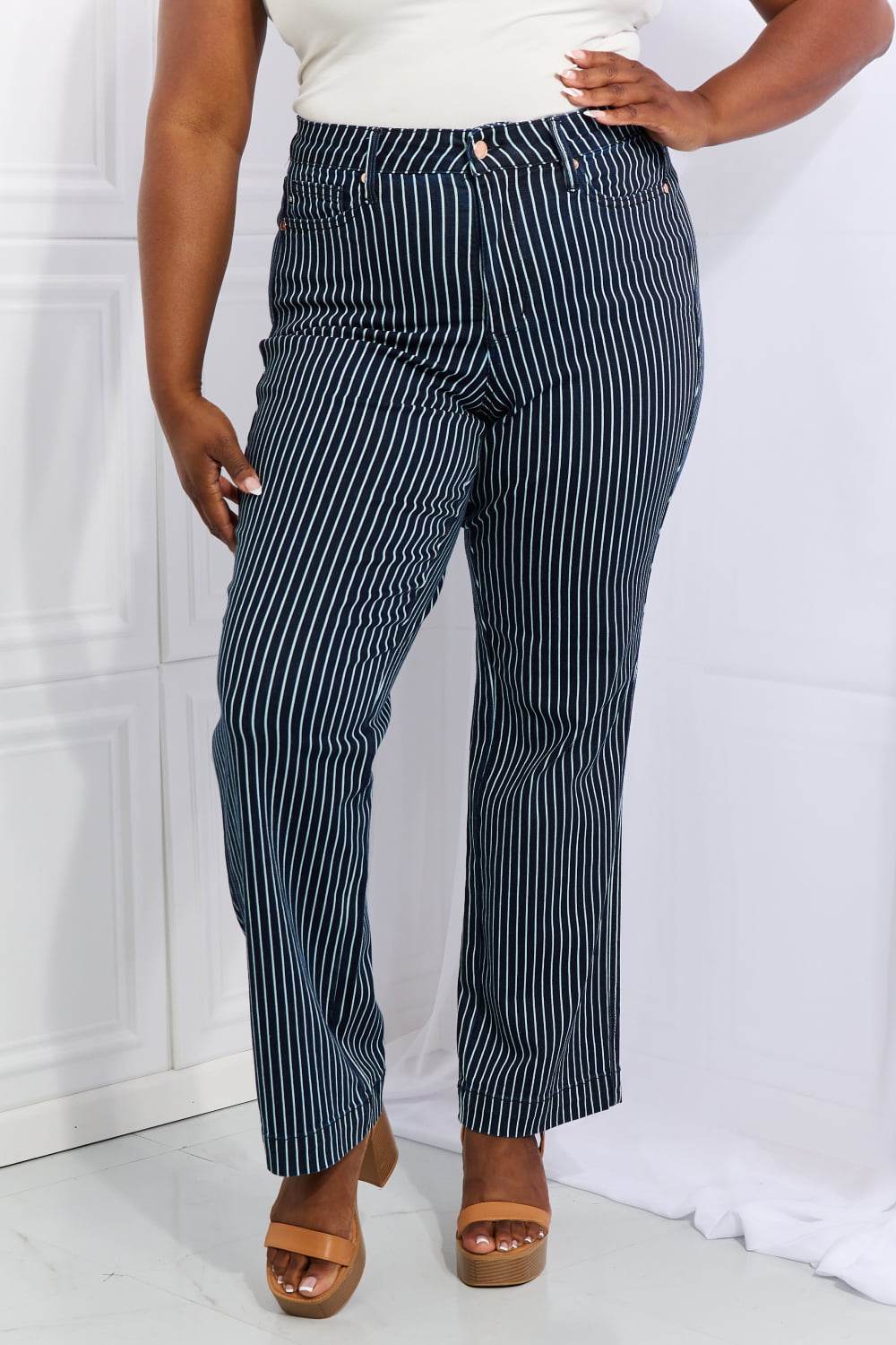Judy Blue Cassidy Full Size High Waisted Tummy Control Striped Straight Jeans - Hovatok