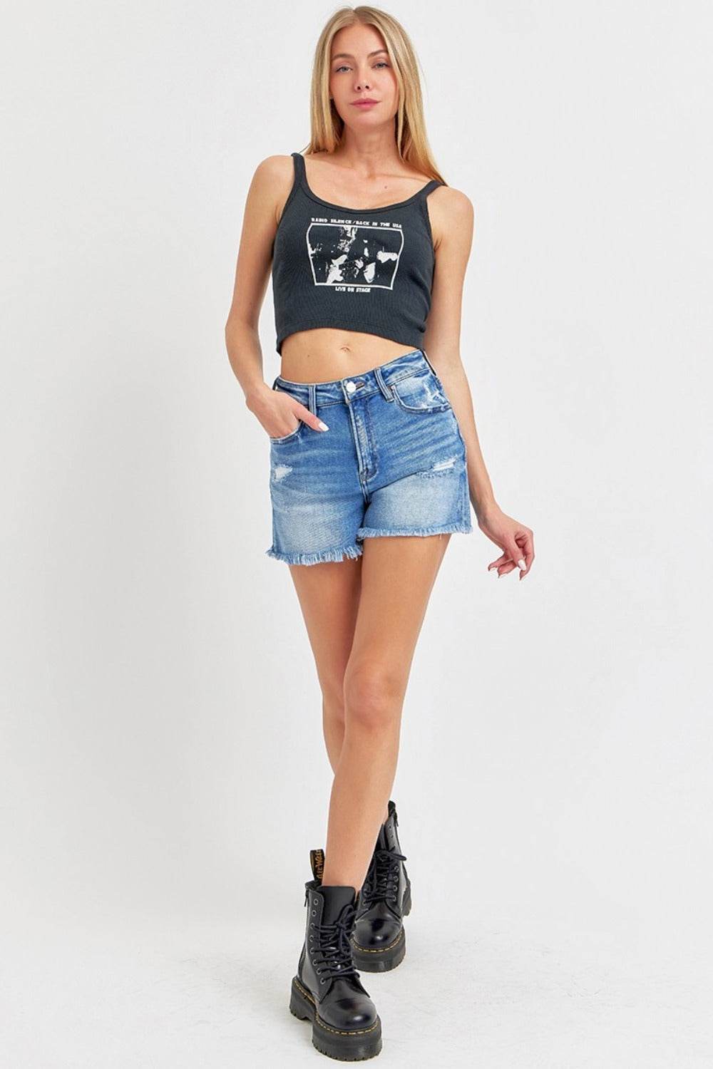 RISEN Full Size High Rise Distressed Raw Hem Denim Shorts - Hovatok