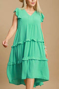 Umgee Full Size Ruffle Tiered Cap Sleeve Midi Dress Plus Size - Hovatok