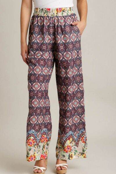 Umgee Full Size Mixed Print Elastic Waistband Pants Plus Size - Hovatok