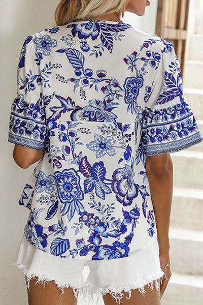 Perfee Printed Buttoned Flounce Sleeve Blouse - Hovatok