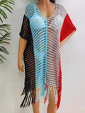 Fringe Color Block Scoop Neck Cover Up - Hovatok