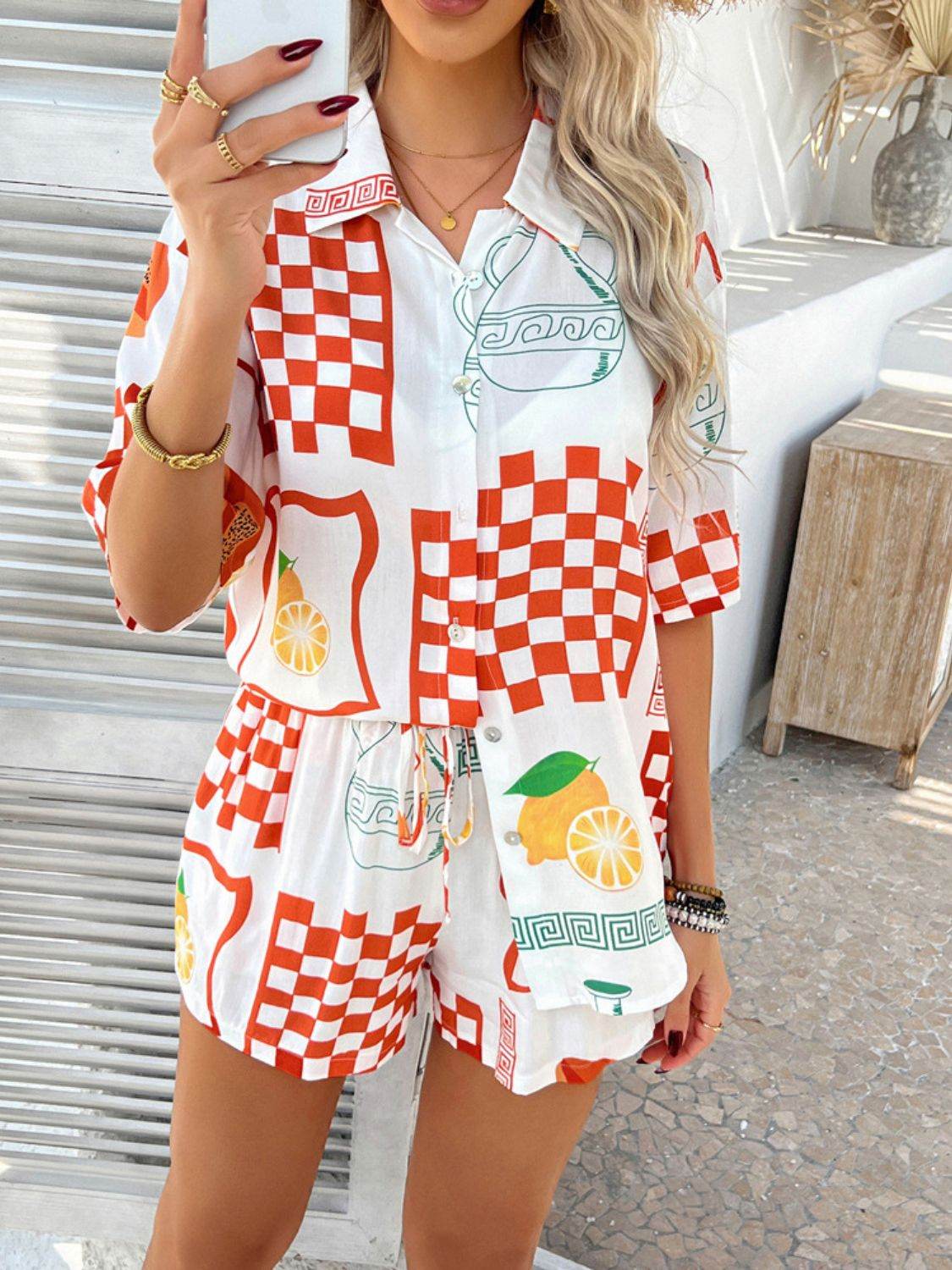 Devine Printed Collared Neck Half Sleeve Top and Shorts Set - Hovatok