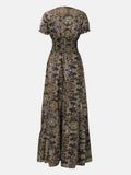 Full Size Smocked Printed V-Neck Short Sleeve Dress - Hovatok